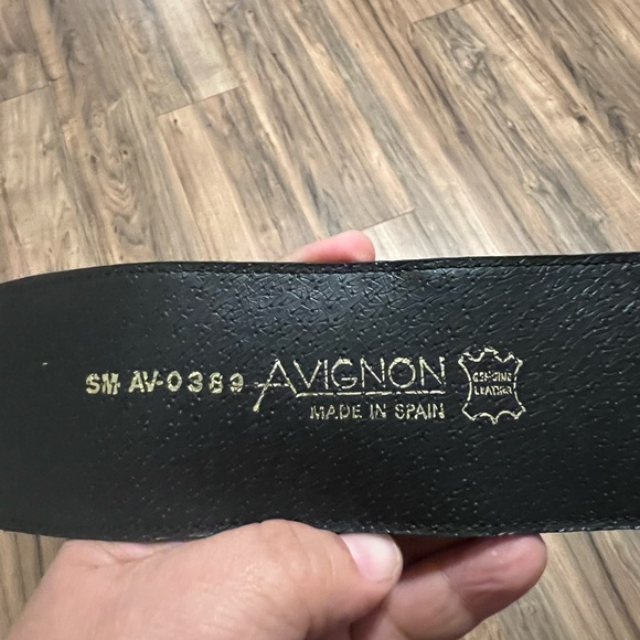 Vintage Avignon Black Croc Embossed Statement Belt Gold Tone Inlay Buckle SM - Picture 5 of 12